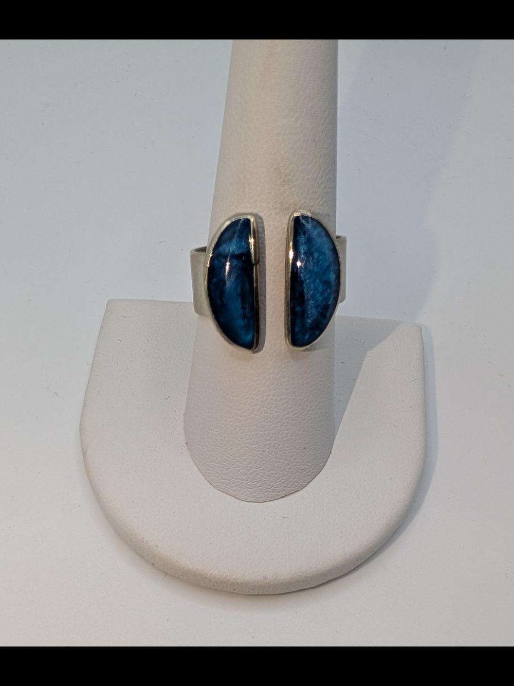 Silver Open Ring with Deep Blue Marbled Cabochons
